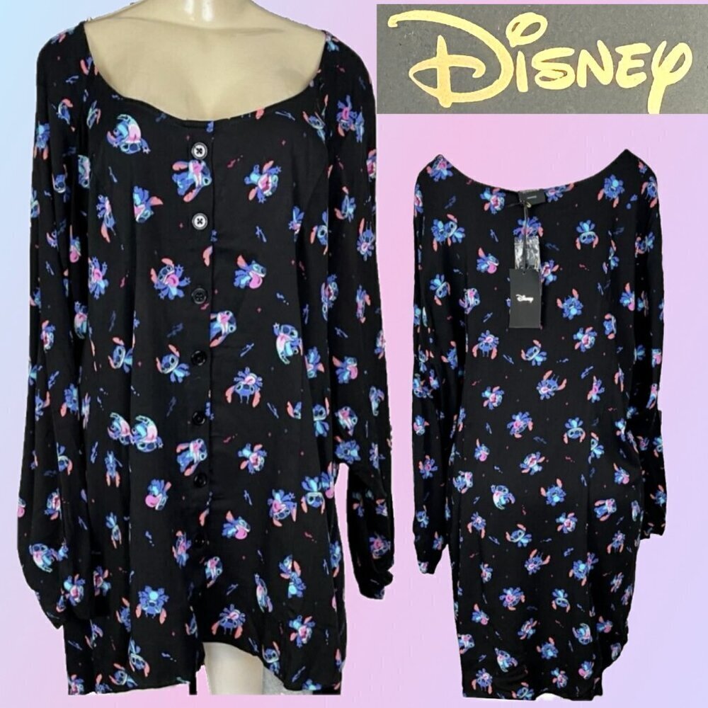 Disney +5 Black Button Down Lilo & Stitch Graphic Step-Hemline Long Sleeve Shirt